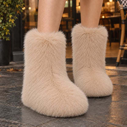 Women’s Mid-Calf Plush Boots with Rounded Toe and Flat Sole