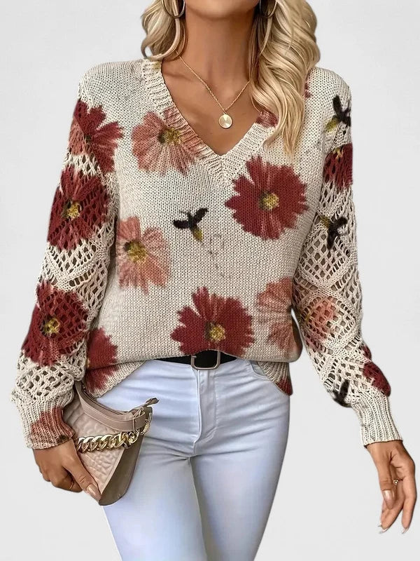 Women’s Printed V-Neck Openwork Sleeve Relaxed Knit Sweater