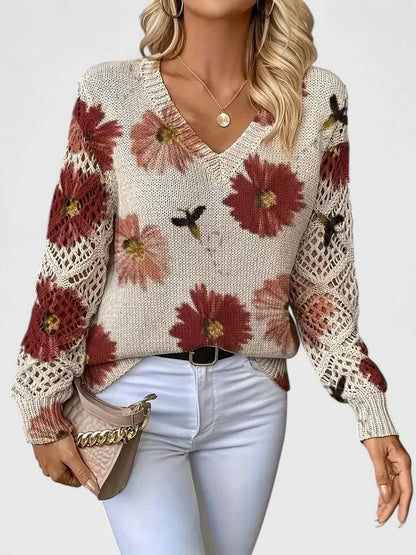 Women’s Printed V-Neck Openwork Sleeve Relaxed Knit Sweater