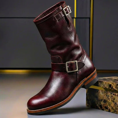 Men’s Genuine Leather Engineer Boots with Dual Buckle Straps