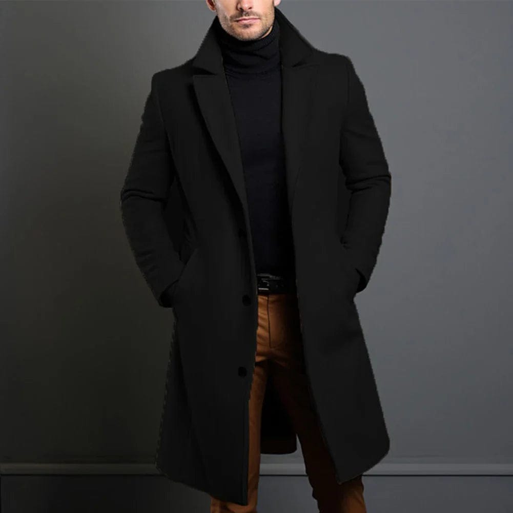Men’s Long Tailored Wool-Blend Overcoat with Notch Lapels