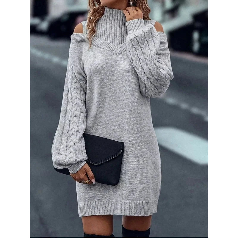 Women's Turtleneck Sweater Dress with Cold-Shoulder Cutouts and Cable-Knit Sleeves