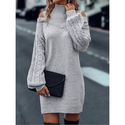 Women's Turtleneck Sweater Dress with Cold-Shoulder Cutouts and Cable-Knit Sleeves