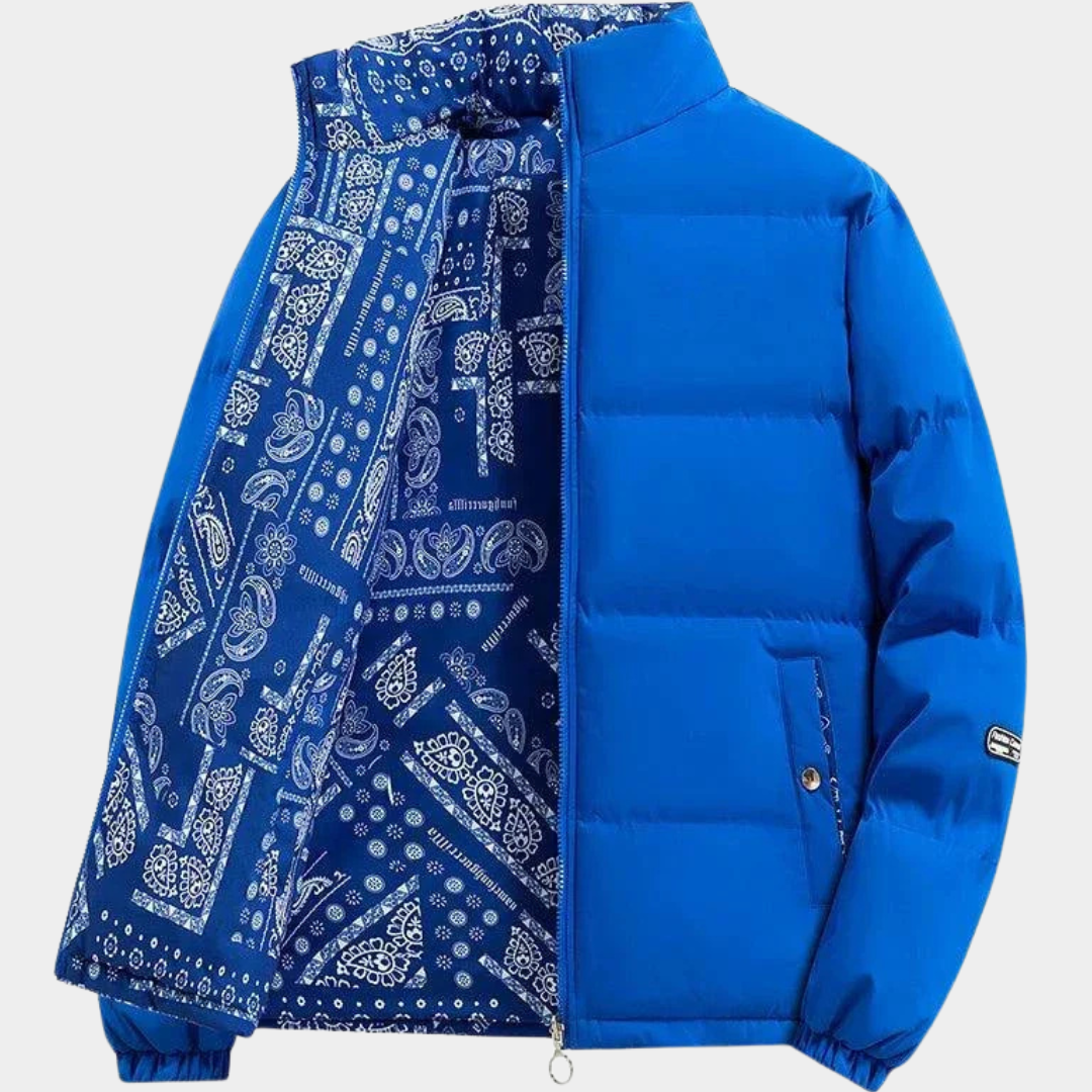 Men’s Paisley-Panel Quilted Stand-Collar Puffer Jacket