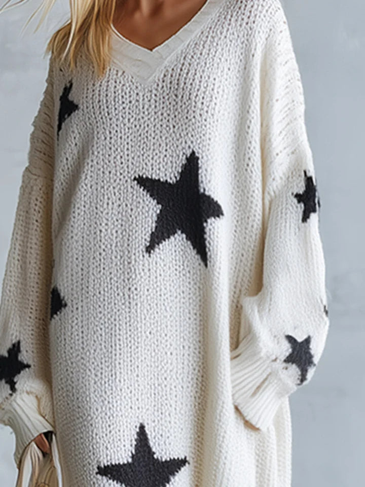 Women's Oversized Star Print Knit Maxi Dress with V-Neck