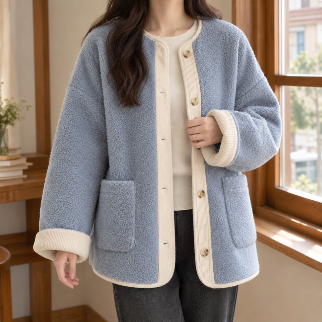 Women’s Oversized Wool Button Jacket with Ribbed Trim