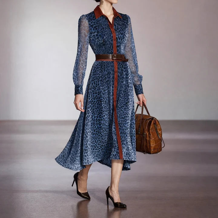 Women's Leopard Print Midi Dress with Belt and Sheer Sleeves
