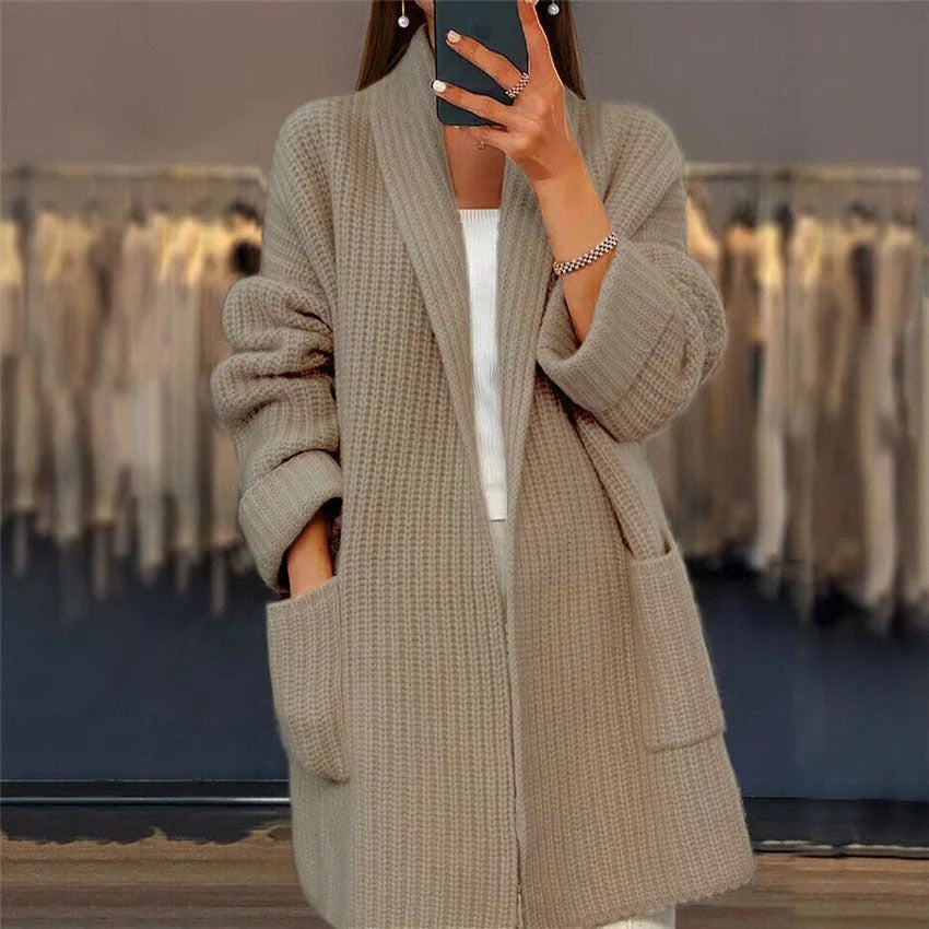 Women’s Longline Textured Open-Front Cardigan with Pockets