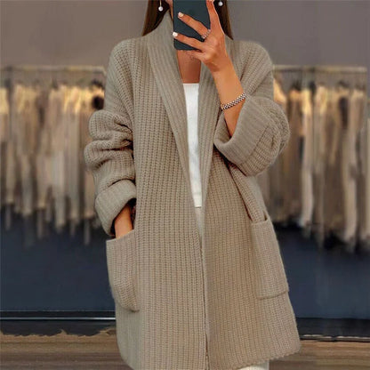 Women’s Longline Textured Open-Front Cardigan with Pockets