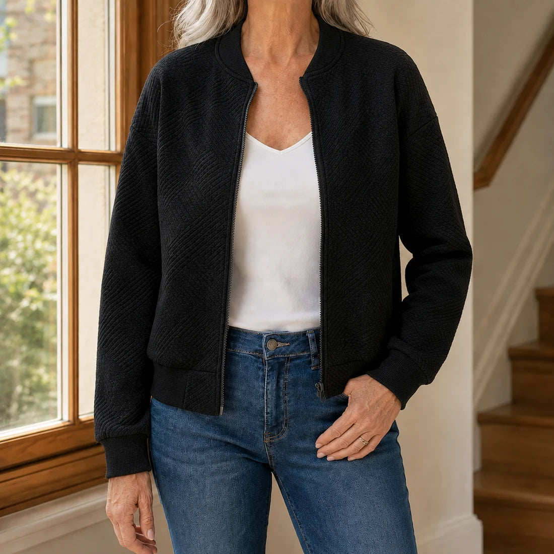 Women’s Relaxed Textured Zip Jacket with Ribbed Trim