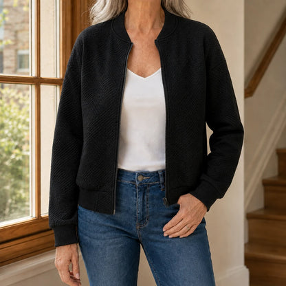 Women’s Relaxed Textured Zip Jacket with Ribbed Trim
