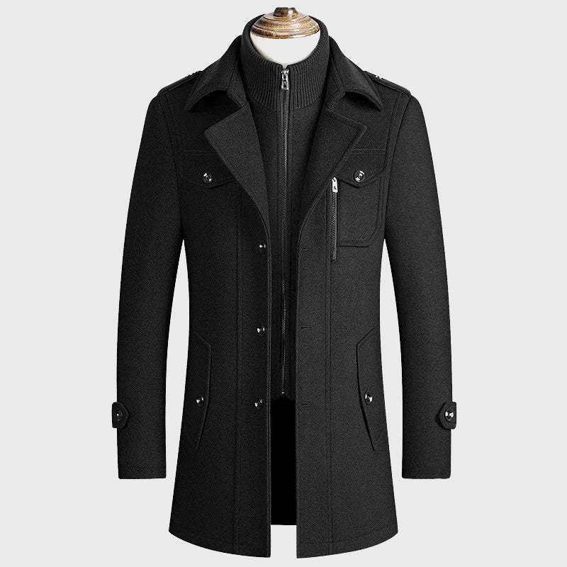 Men’s Longline Layered Stand-Collar Wool Blend Overcoat