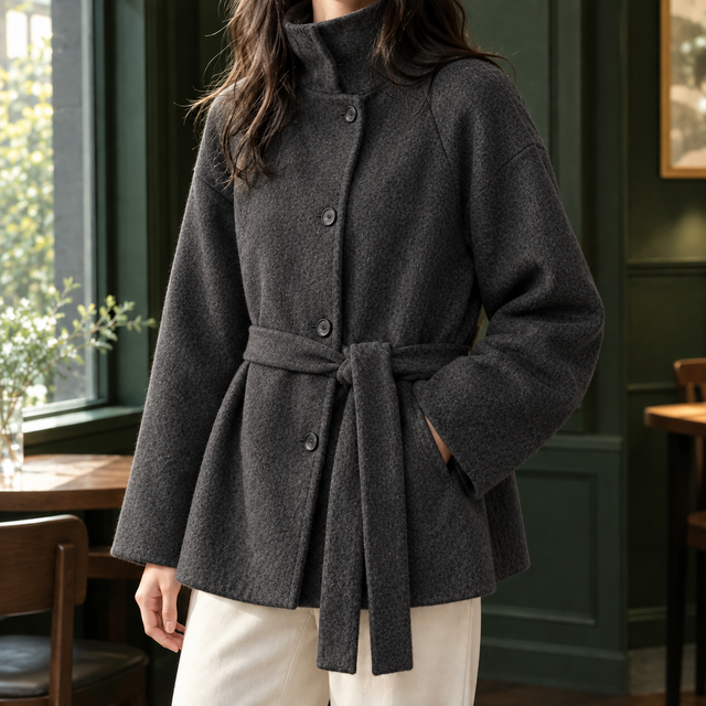 Women’s Belted Cashmere Stand Collar Jacket