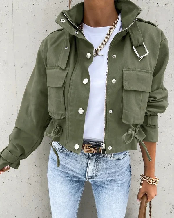 Women’s Cropped Lightweight Bomber Jacket with Stand Collar