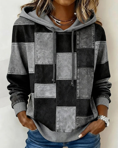 Women’s Checkered Patchwork Print Pullover Hoodie with Drawstring Hood