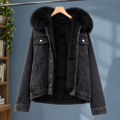 Women’s Washed Denim Jacket with Plush-Lined Hood