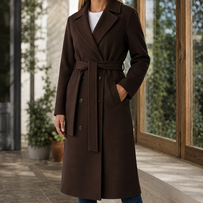 Women’s Long Double-Breasted Belted Coat with Wide Lapels