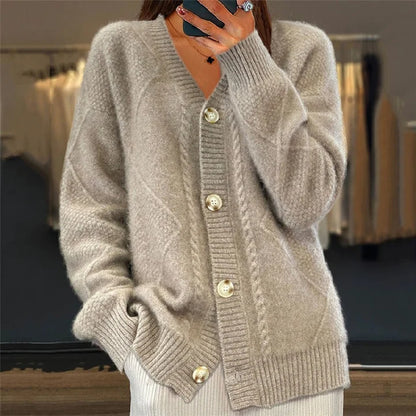 Women’s Oversized Textured Cable Knit V-Neck Button-Front Cardigan