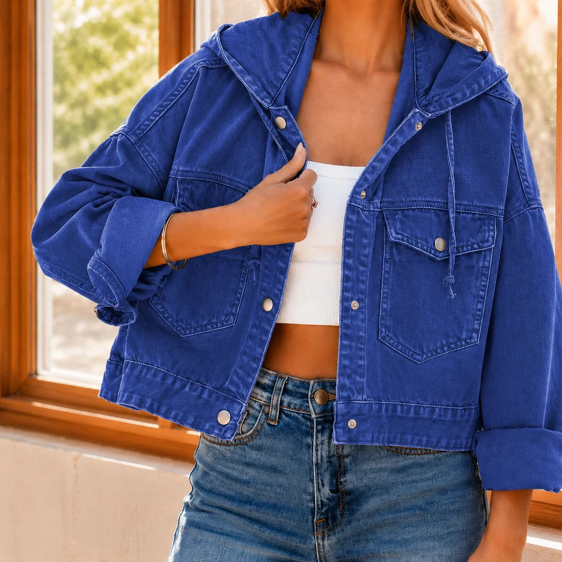 Women’s Washed Cotton-Blend Cropped Hooded Jacket
