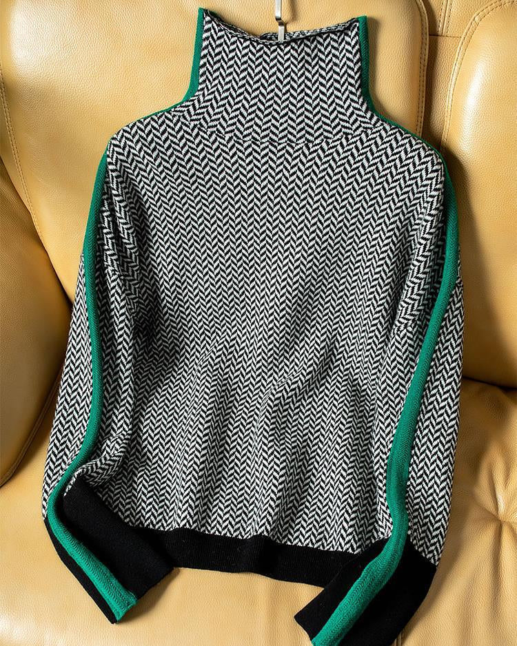 Women’s Geometric Print High-Neck Soft Knit Sweater