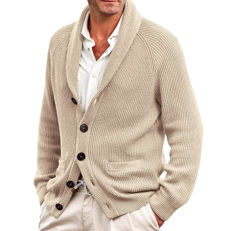 Men’s Ribbed Shawl Collar Button-Up Knit Cardigan