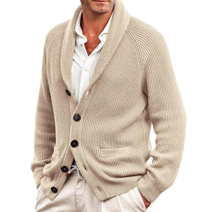 Men’s Ribbed Shawl Collar Button-Up Knit Cardigan