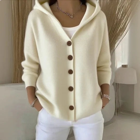 Women’s Soft Knit Hooded Button-Front Cardigan with Ribbed Cuffs