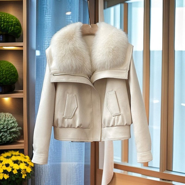 Women’s Faux Fur Collar Jacket with Leather-Finish Exterior