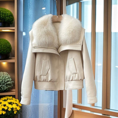 Women’s Faux Fur Collar Jacket with Leather-Finish Exterior
