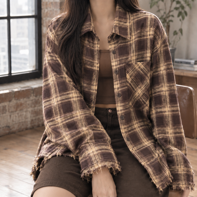 Women’s Oversized Plaid Button-Front Shirt Jacket
