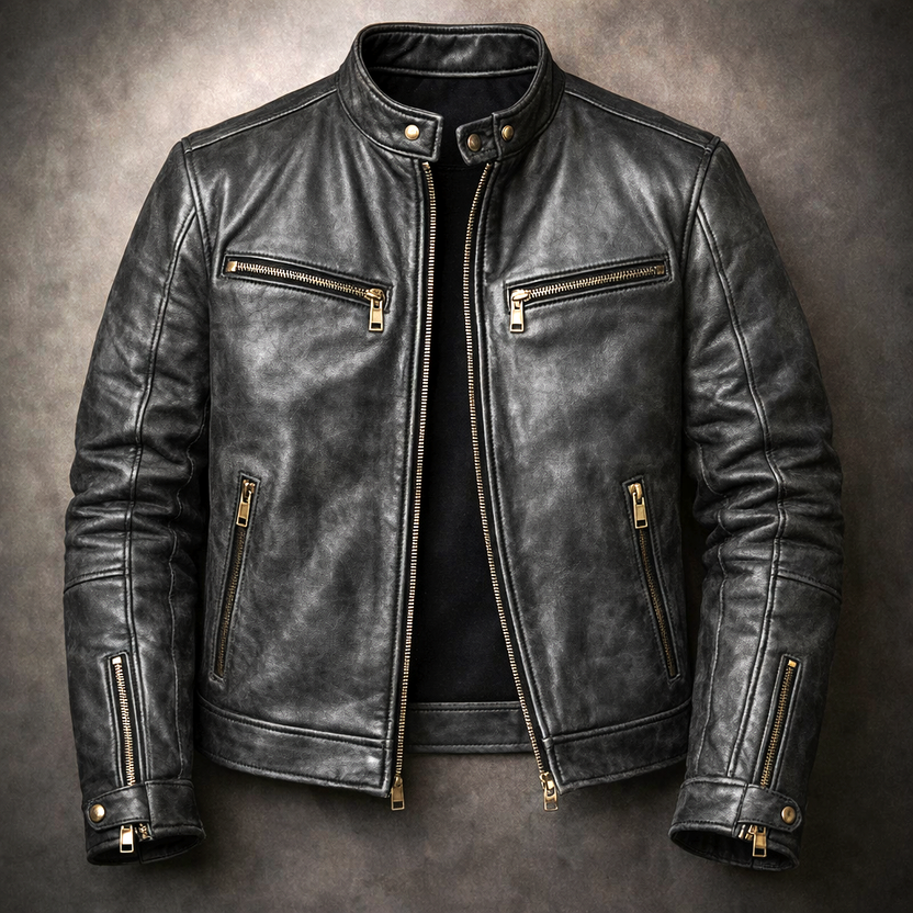 Men’s Distressed Leather Moto Jacket with Zip Pockets
