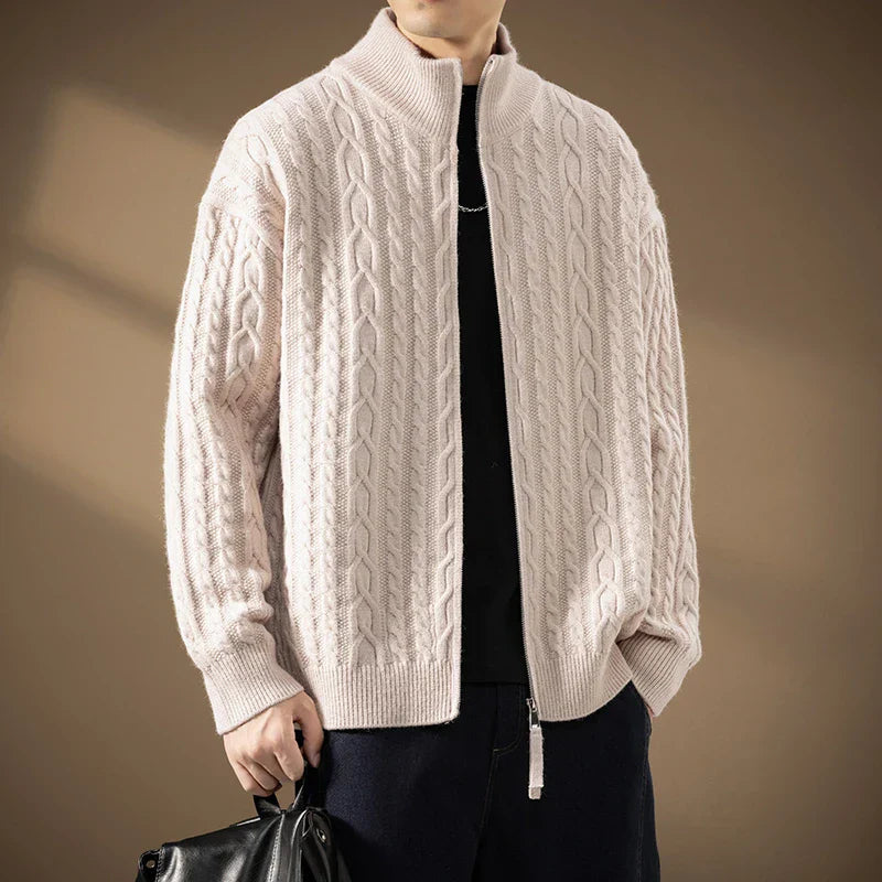 Men’s Textured Knit Two-Way Zip High-Collar Cardigan