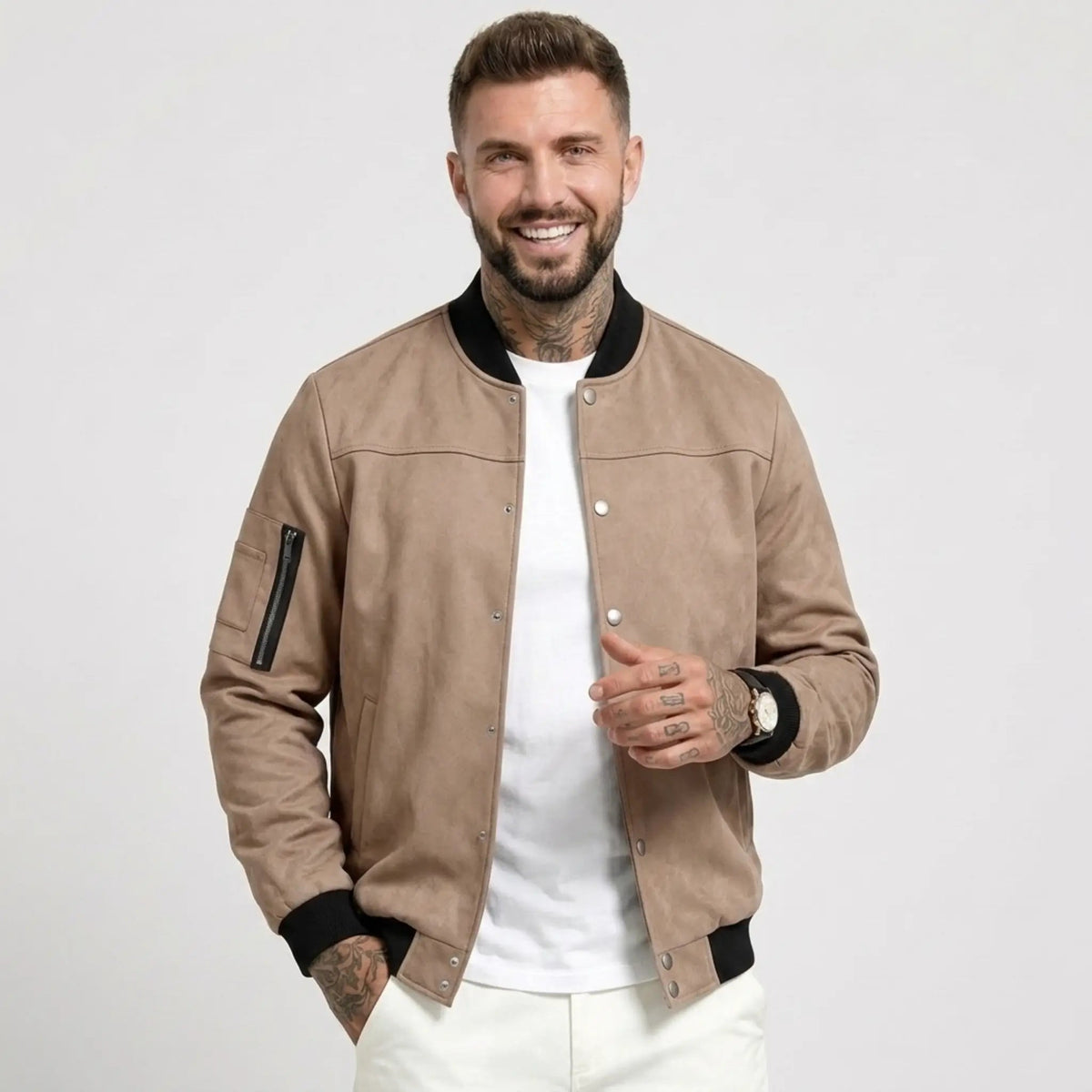 Men’s Suede-Texture Stand Collar Button-Up Jacket