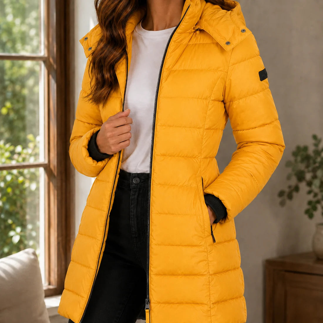 Women’s Fitted Longline Quilted Hooded Jacket