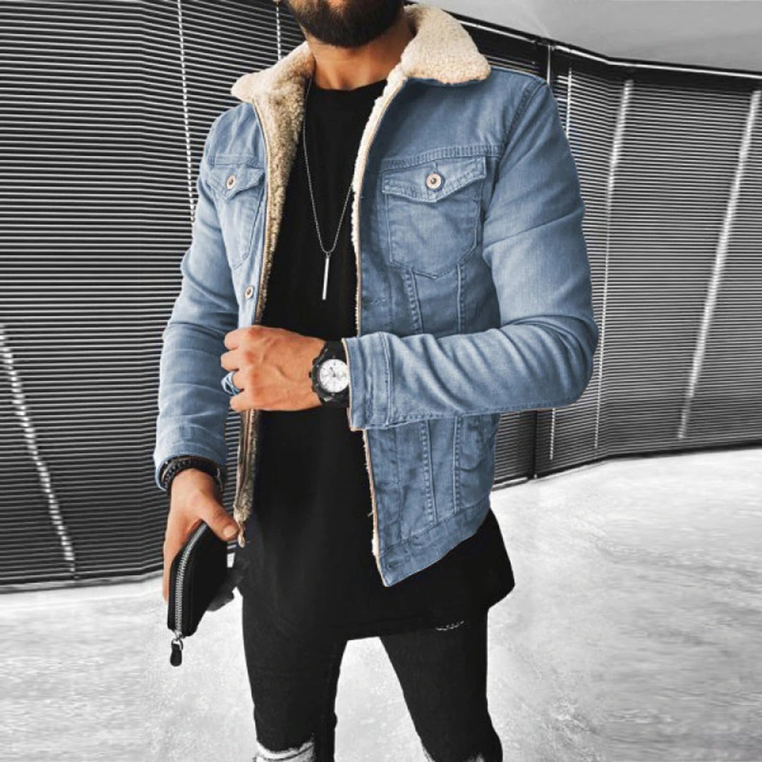 Men’s Borg-Collar Washed Denim Trucker Jacket