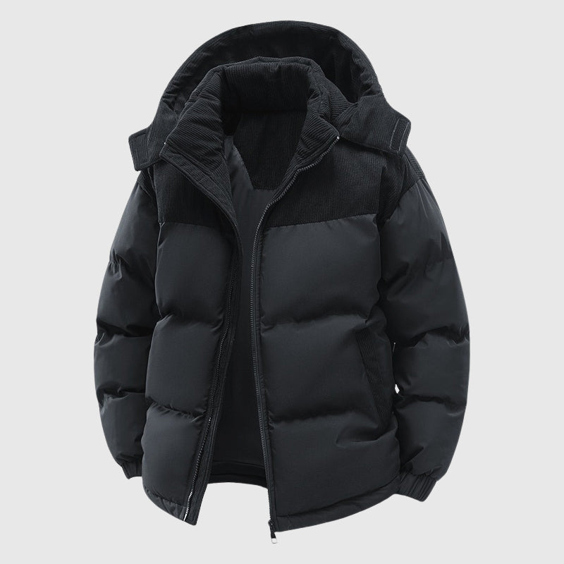 Men’s Corduroy Panel Quilted Hooded Puffer Jacket