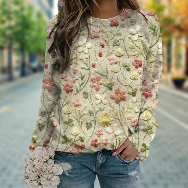 Women’s Floral Embroidery Lightweight Cotton Crew Neck Sweater
