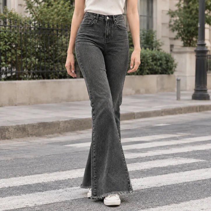 Women’s High-Rise Stretch Denim Flare Jeans with Frayed Hems