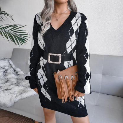 Women's Printed V-Neck Knit Mini Sweater Dress with Long Sleeves