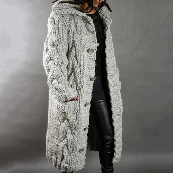 Women’s Hooded Longline Cable Knit Button Cardigan with Pockets