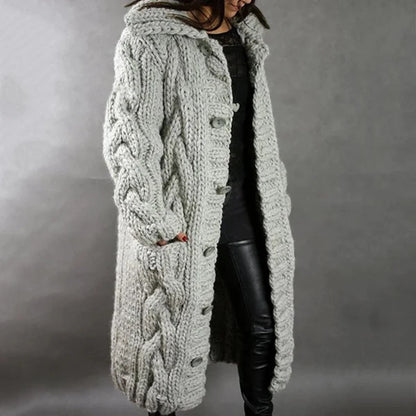 Women’s Hooded Longline Cable Knit Button Cardigan with Pockets