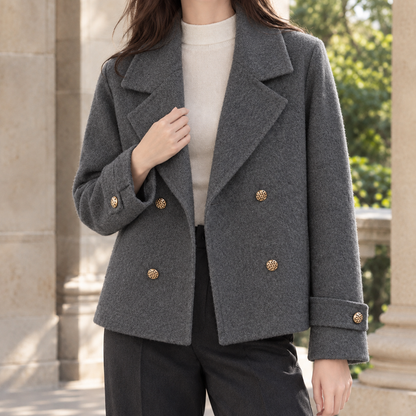 Women’s Cropped Wool Double-Breasted Jacket with Notched Lapels