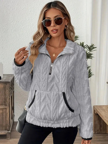 Women’s Cable-Textured Fleece Quarter-Zip Pullover with Kangaroo Pocket