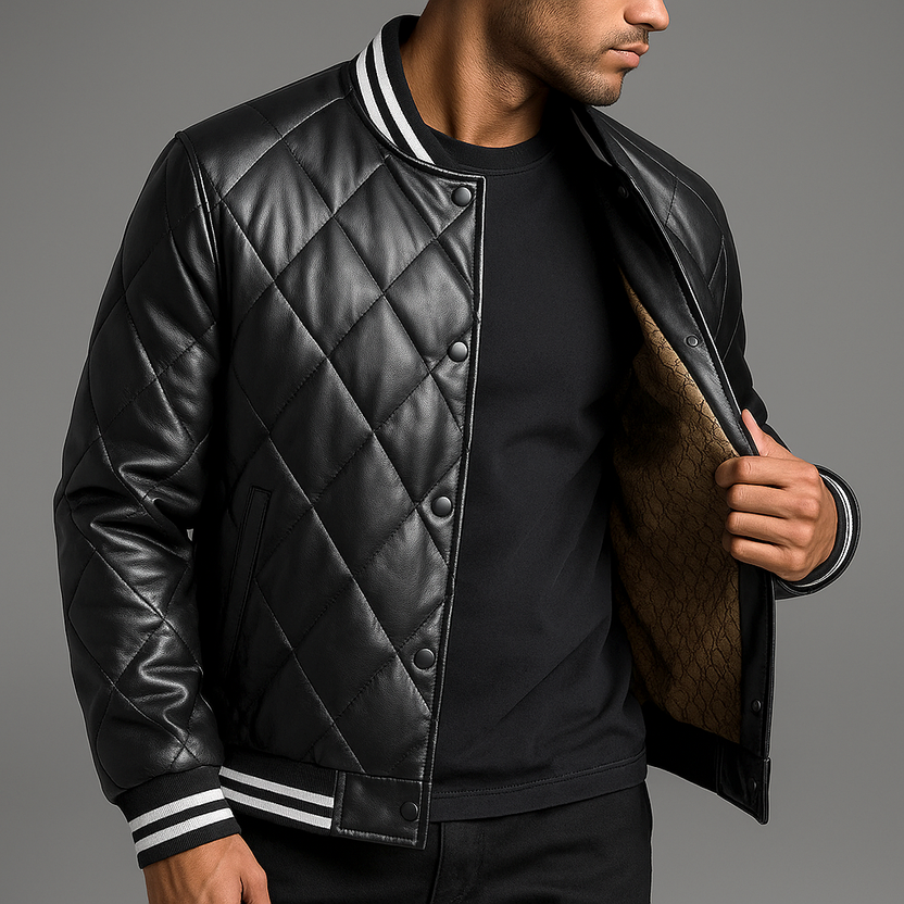 Men’s Quilted Leather Snap-Front Bomber Jacket