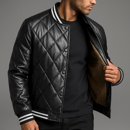Men’s Quilted Leather Snap-Front Bomber Jacket