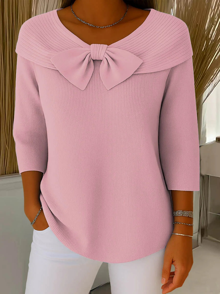 Women’s Bow Neck Detail Relaxed Fit Knit Pullover Sweater