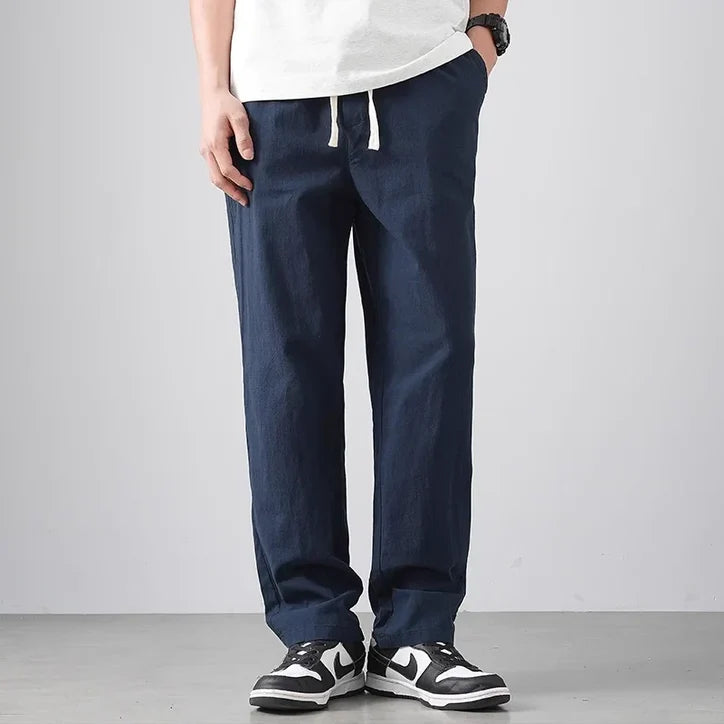 Men’s Relaxed Tapered Linen Trousers with Drawstring Waist