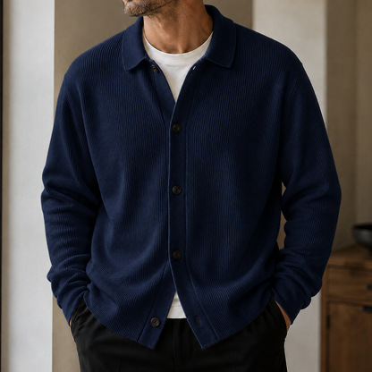 Men’s Ribbed Polo-Collar Button Cardigan
