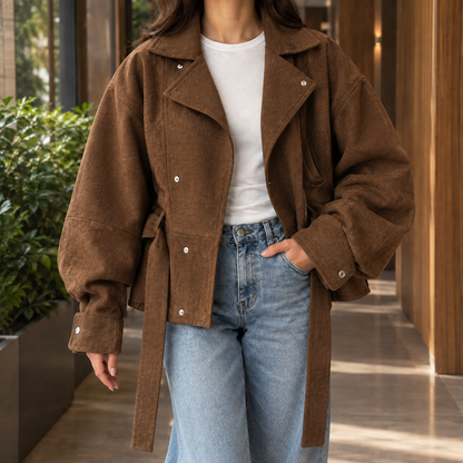 Cropped Belted Moto-Inspired Jacket with Flap Pockets