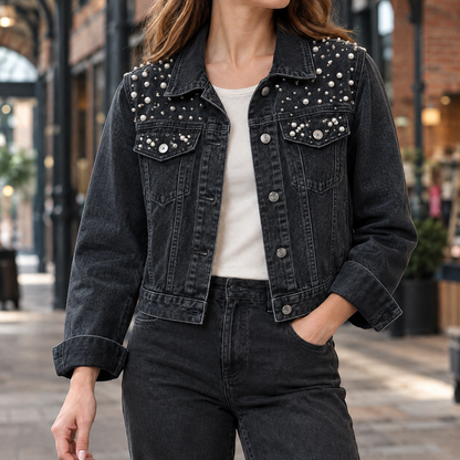 Women’s Cropped Washed Denim Jacket with Pearl-Like Studs